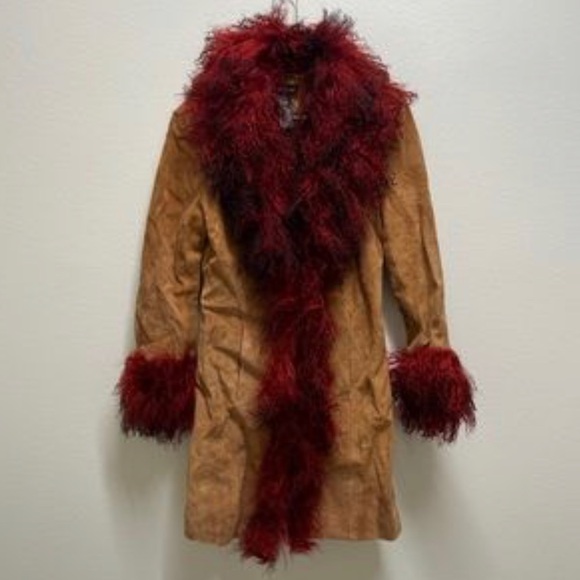 ISO vintage bebe red tan beige  Mongolian fur trim afghan suede jacket coat - Picture 1 of 2